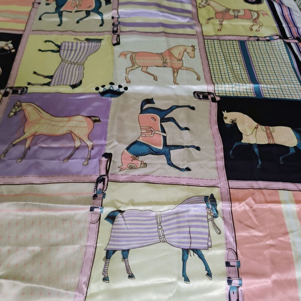 Retro Mod Equestrian Horse Scarf Pastel Pink Lavender 35”x 35” Derby Race Horses